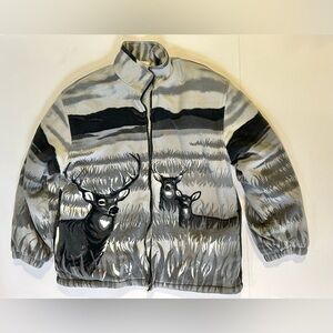 Vintage 1990s All Over Print Big Buck Deer Fleece Jacket Coat 2XL Grey Black